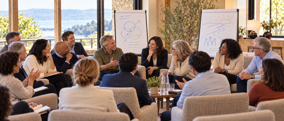 A small group of senior executives in conversation at a leadership retreat